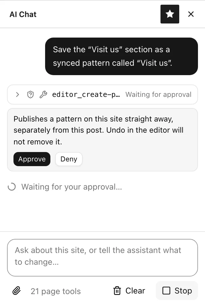 A create-pattern step waiting for approval, with the reason and Approve and Deny buttons.