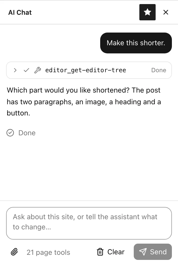 Asked “Make this shorter.” with nothing attached, the assistant reads the post and then asks which part to shorten.