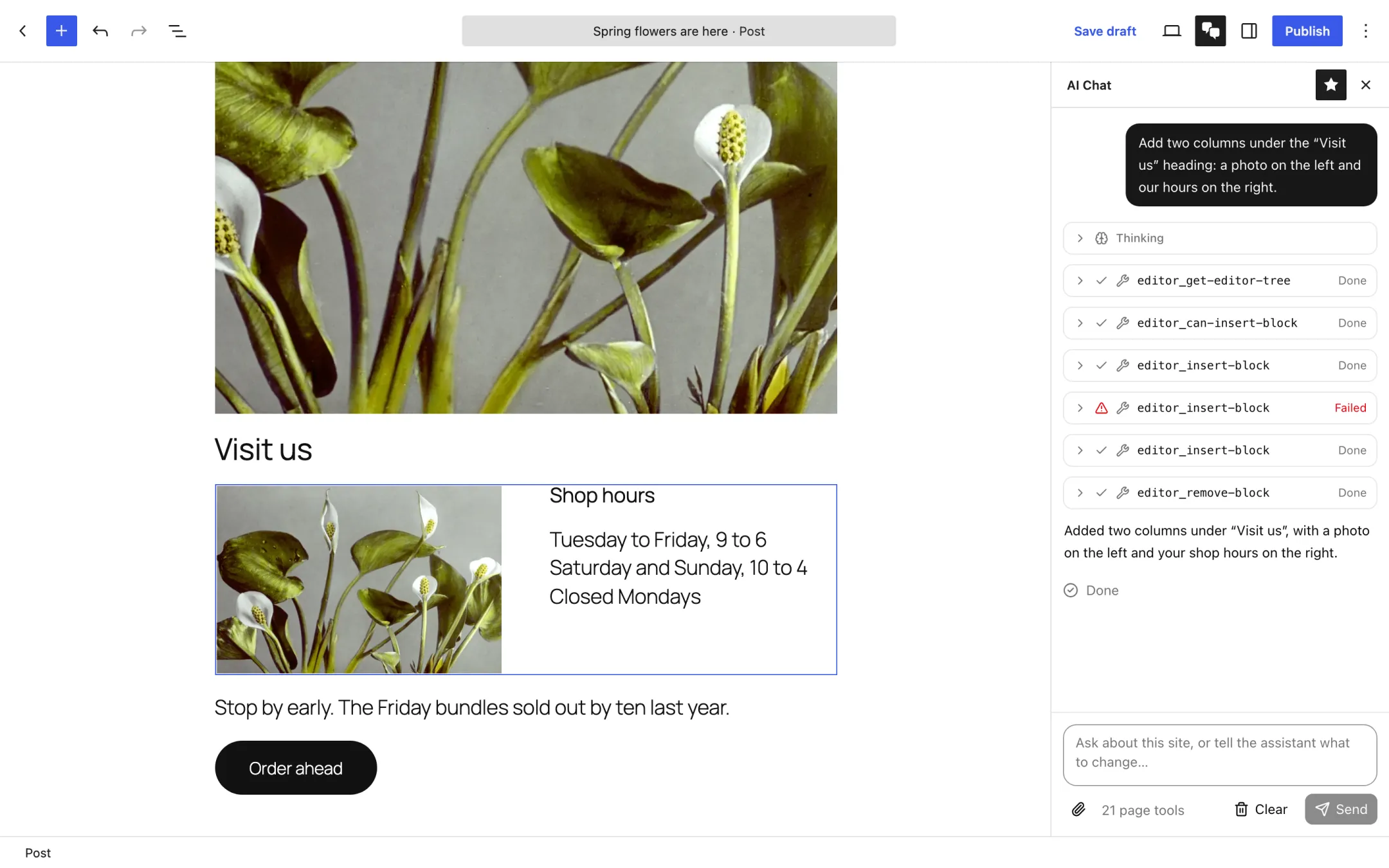 The block editor with AI Chat open. Asked for two columns under the Visit us heading, the assistant read the post, recovered from one failed step, and added a photo and the shop hours side by side.