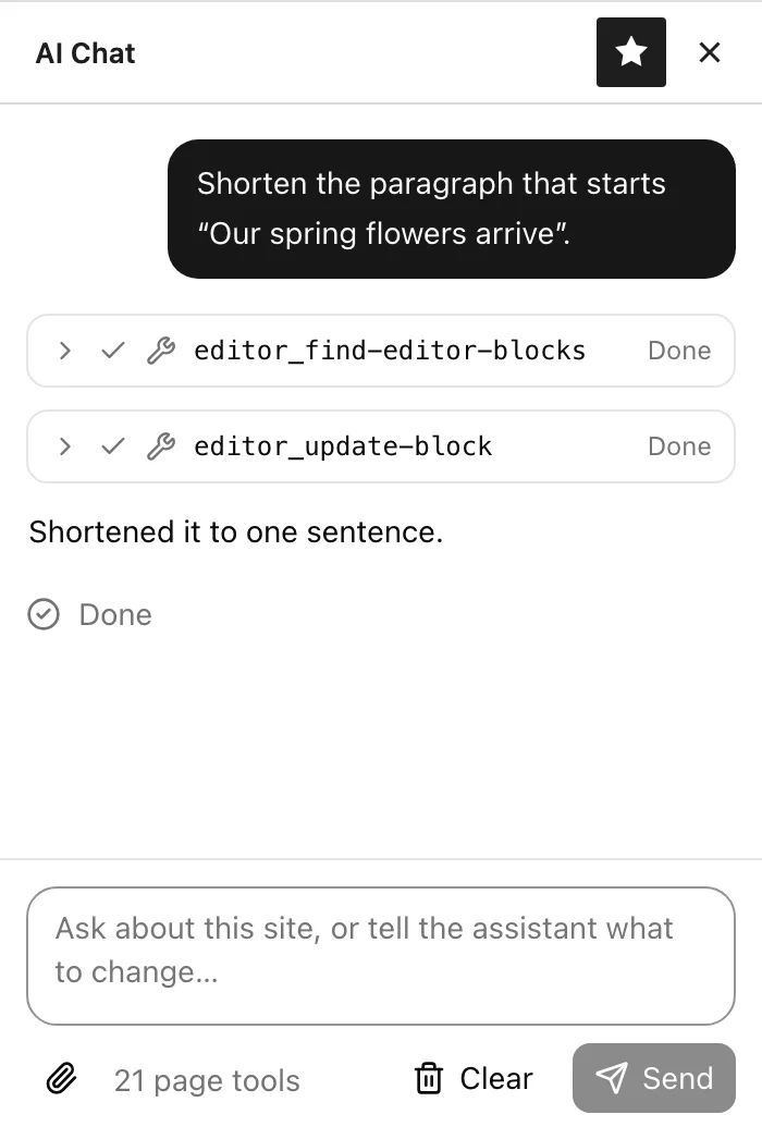 Asked to shorten the paragraph that starts “Our spring flowers arrive”, the assistant finds it by its text, updates it, and confirms.