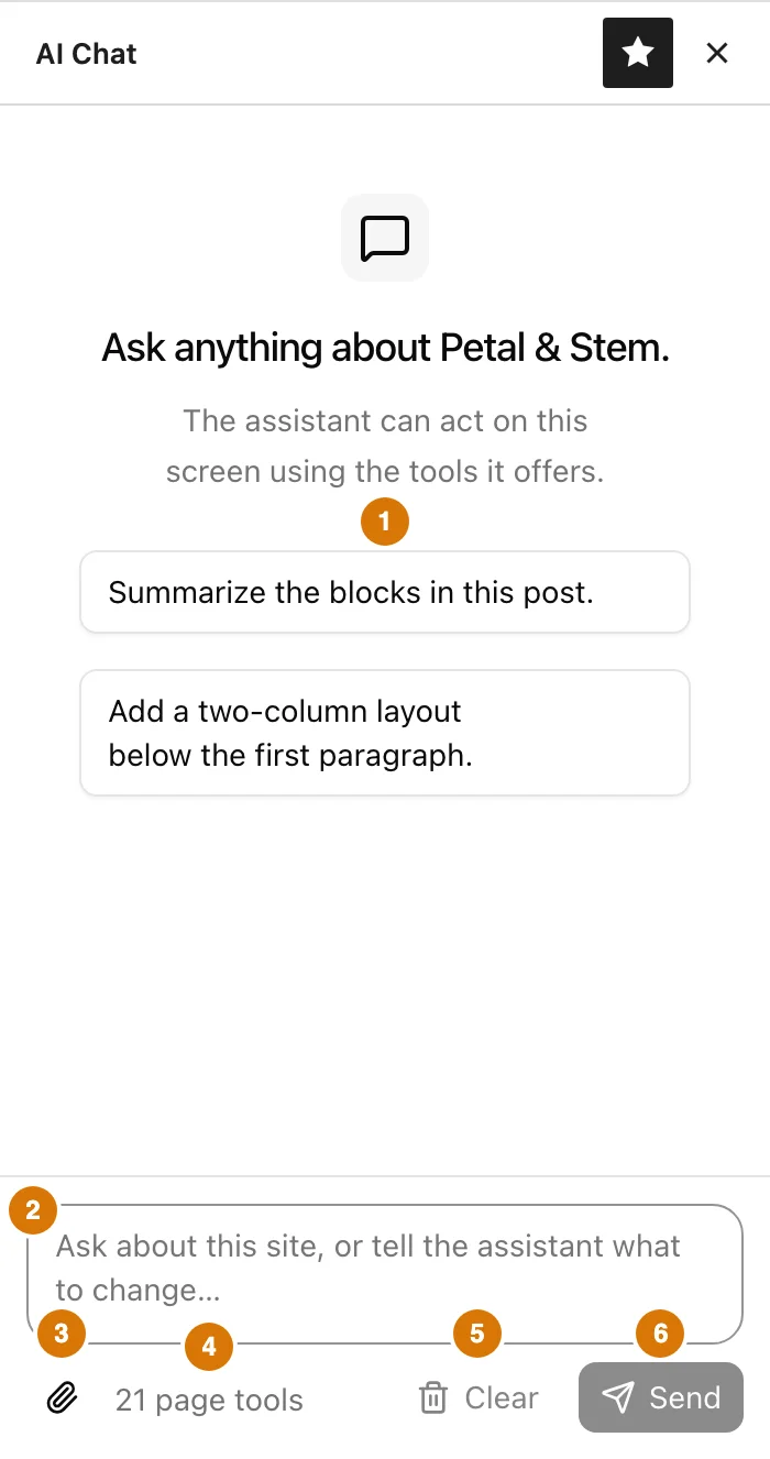 The empty AI Chat panel with numbered markers on its parts: starter prompts, the message box, the paperclip, the tool count, Clear and Send.