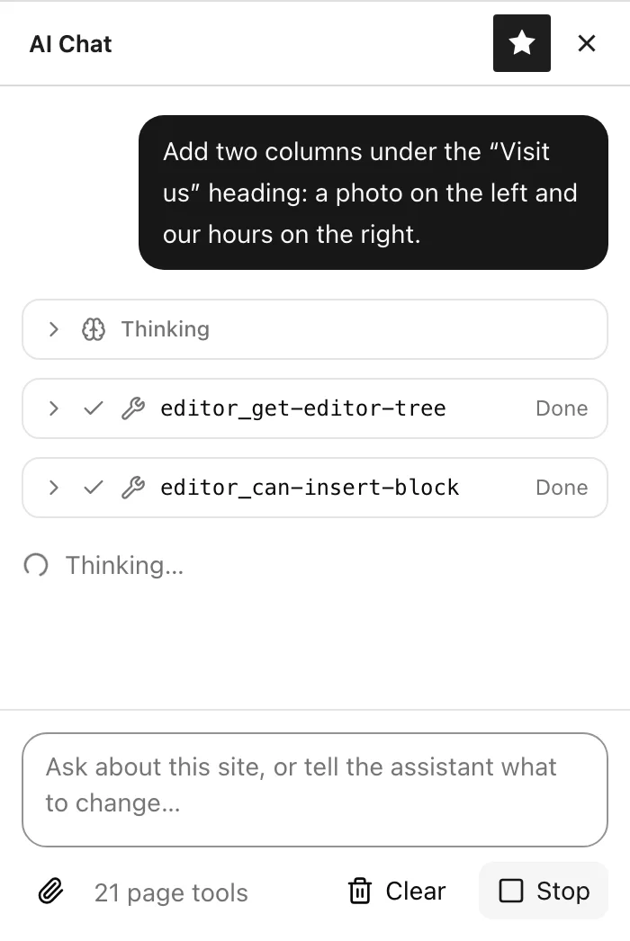 A reply in progress: a collapsed Thinking row, two finished tool steps, and a status line saying Thinking.